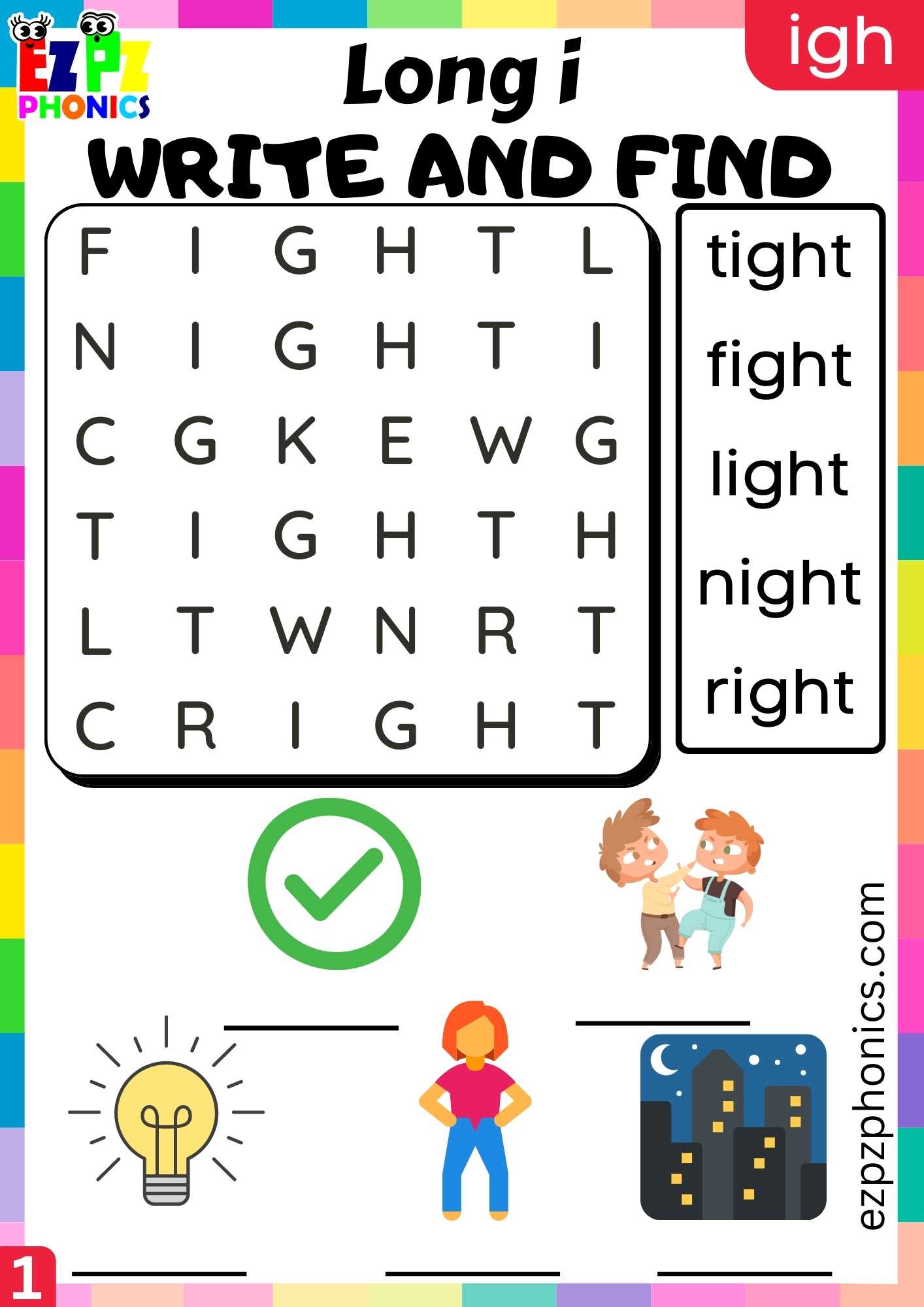 IGH Words Write And Find Long I Phonics Worksheet